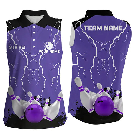 Damen-Ärmellose Bowling-Poloshirts – Individuelle Bowling-Strike Blitz-Sturm Team-Liga-Trikots | Lila NQS6645