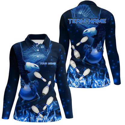 Blauer Flammenadler Bowling-Poloshirt, Viertelreißverschluss-Shirts für Damen, maßgeschneiderte Blaue-Feuer-Team-Bowling-Trikots NQS8988