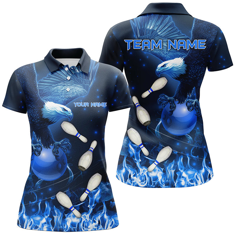 Blauer Flammenadler Bowling-Poloshirt, Viertelreißverschluss-Shirts für Damen, maßgeschneiderte Blaue-Feuer-Team-Bowling-Trikots NQS8988