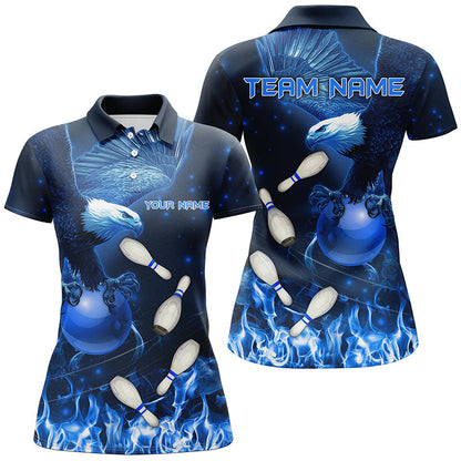 Blauer Flammenadler Bowling-Poloshirt, Viertelreißverschluss-Shirts für Damen, maßgeschneiderte Blaue-Feuer-Team-Bowling-Trikots NQS8988