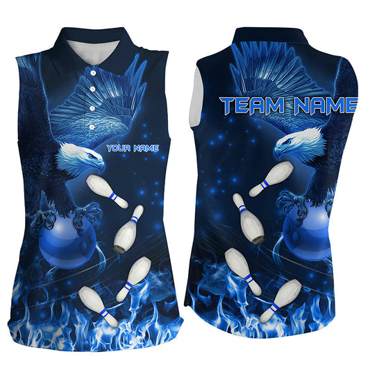 Blauer Flammenadler Ärmelloses Bowling-Poloshirt, maßgeschneiderte Blaue-Feuer-Team-Bowling-Trikots NQS8988