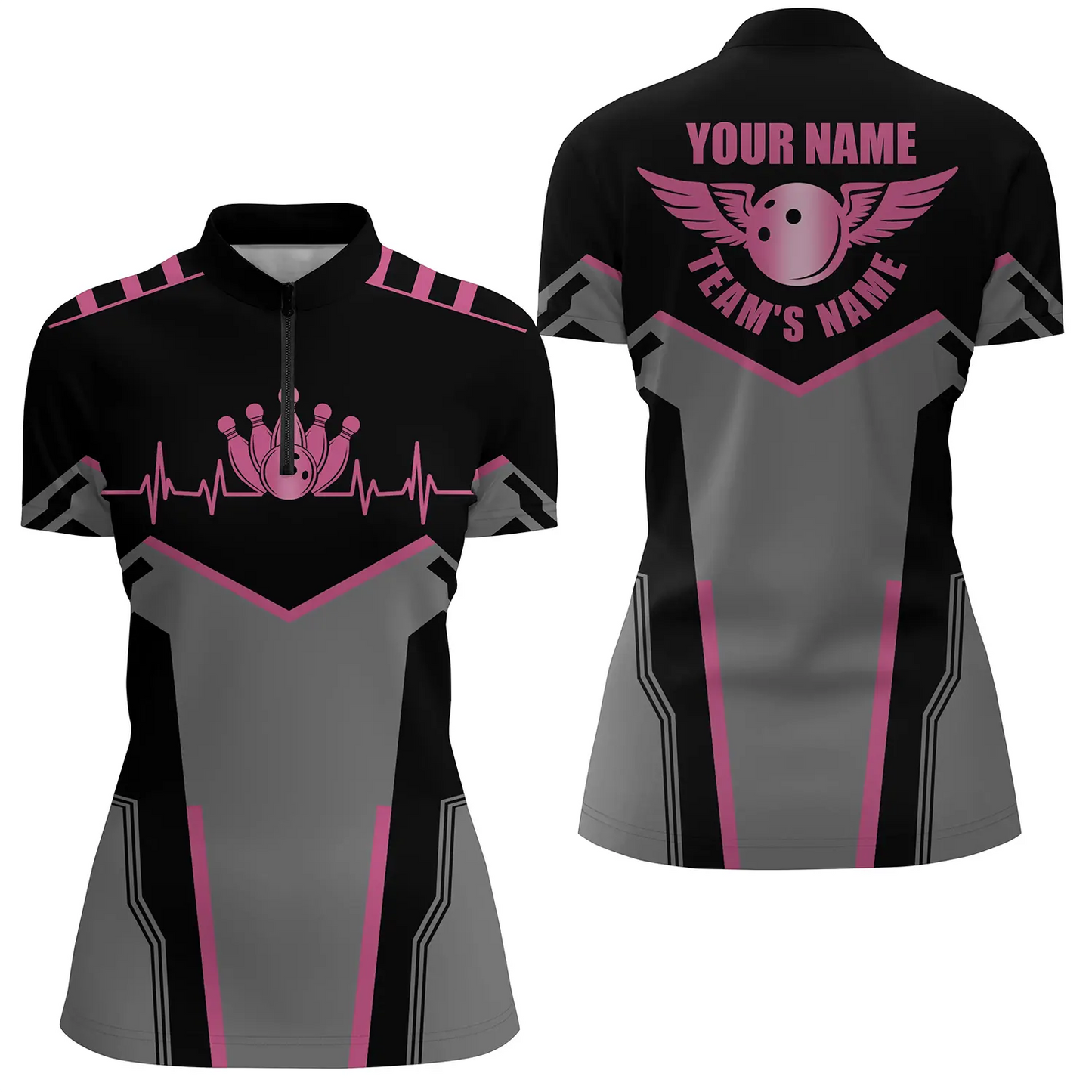 Bowlinghemden für Frauen, personalisierter Name und Teamname, Bowlingkugel und Pins, Viertelreißverschluss-Hemden | Pink NQS4764