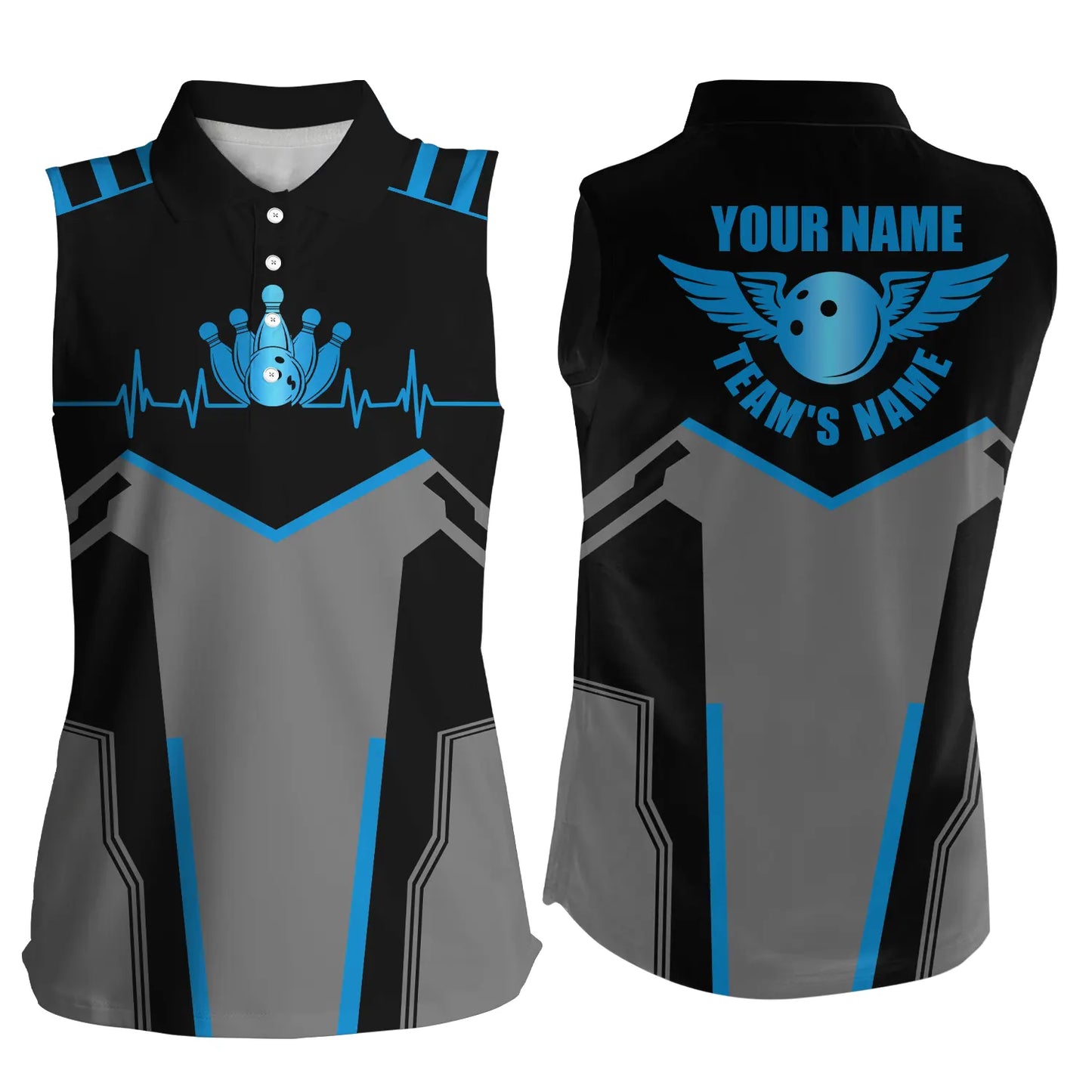 Bowlinghemden für Frauen, personalisierter Name und Teamname, Bowlingkugel und Pins, ärmellose Polo-Shirts | Blau NQS4764