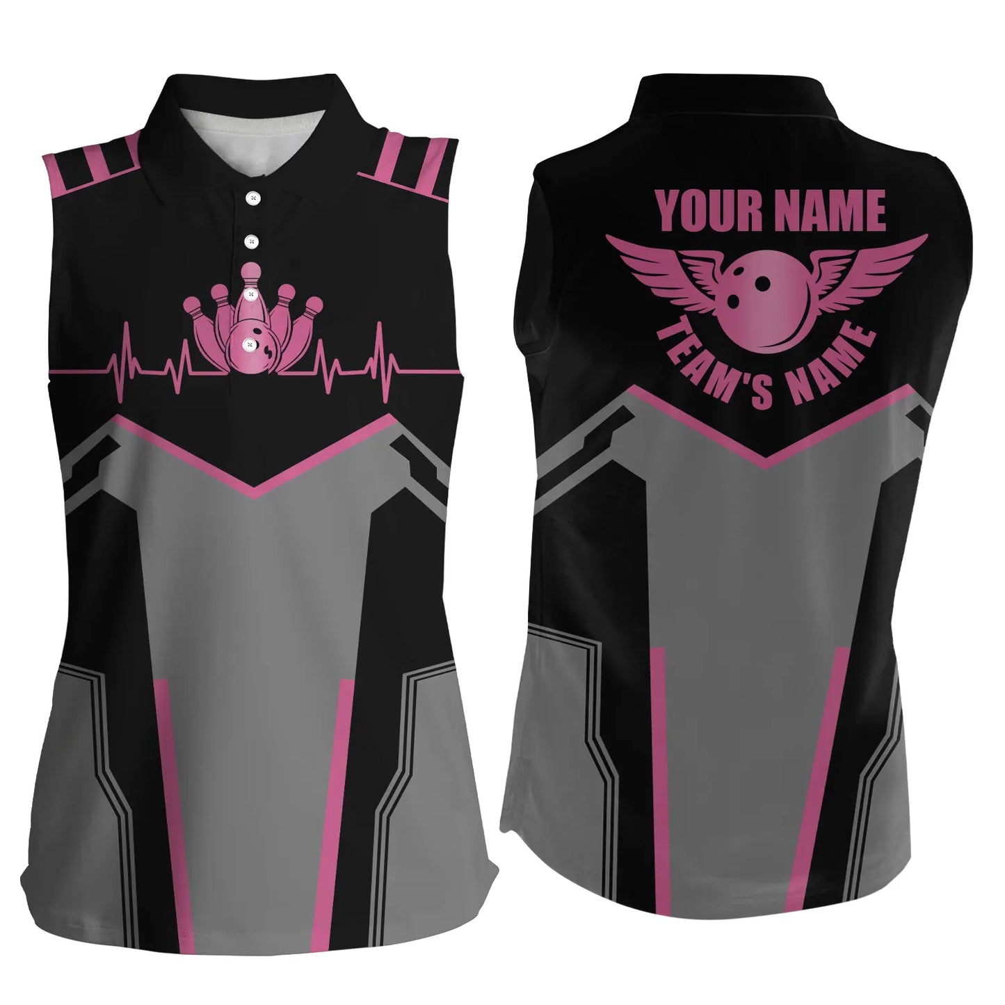 Bowlinghemden für Frauen, personalisierter Name und Teamname, Bowlingkugel und Pins, ärmellose Polo-Shirts | Pink NQS4764