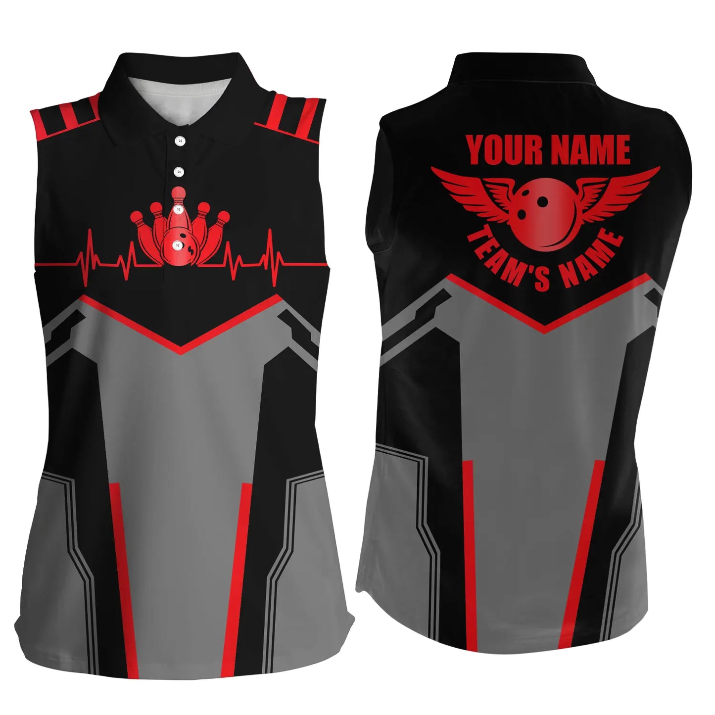Bowlinghemden für Frauen, personalisierter Name und Teamname, Bowlingkugel und Pins, ärmellose Polo-Shirts | Rot NQS4764