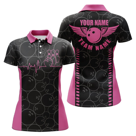 Lustige Herzschlag-Puls-Linie-Pink-Poloshirts für Damen – Personalisierte Bowling-Team-Trikots NQS5522