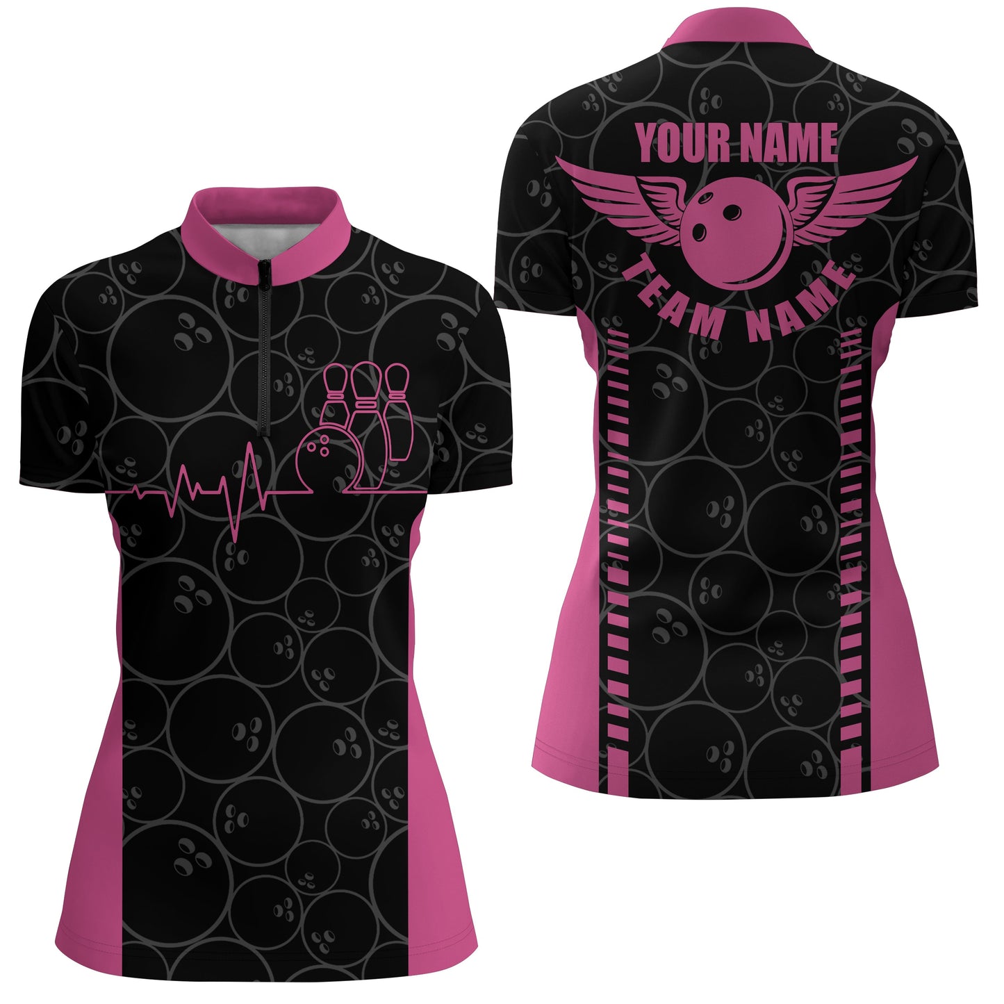 Lustige Herzschlag-Puls-Linie-Pink-Quarter-Zip-Shirts für Damen – Personalisierte Bowling-Team-Trikots NQS5522