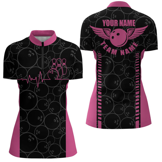 Lustige Herzschlag-Puls-Linie-Pink-Quarter-Zip-Shirts für Damen – Personalisierte Bowling-Team-Trikots NQS5522