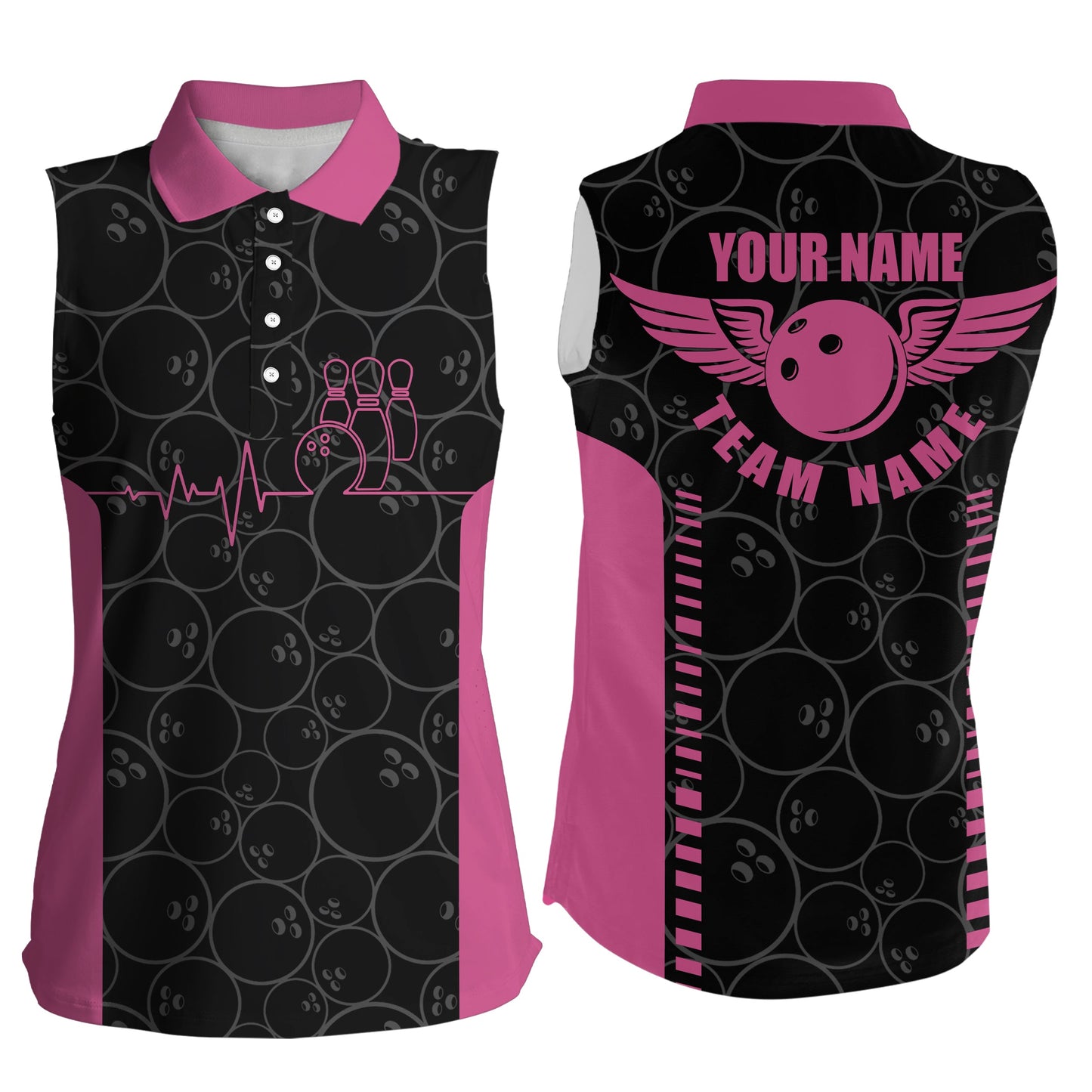 Lustige Herzschlag-Puls-Linie-Ärmellose Pink-Poloshirts für Damen – Personalisierte Bowling-Trikots NQS5522