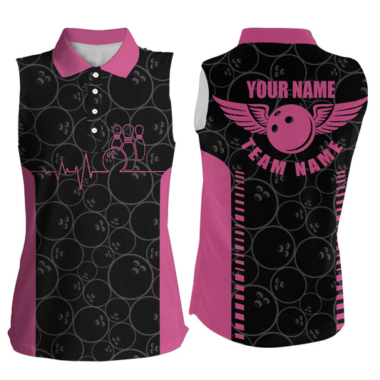 Lustige Herzschlag-Puls-Linie-Ärmellose Pink-Poloshirts für Damen – Personalisierte Bowling-Trikots NQS5522