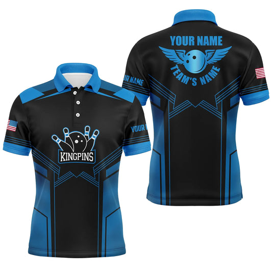 Blau-schwarze Bowling-Poloshirts für Männer, personalisierter Name und Teamname, Bowling-Team-Poloshirts NQS4770