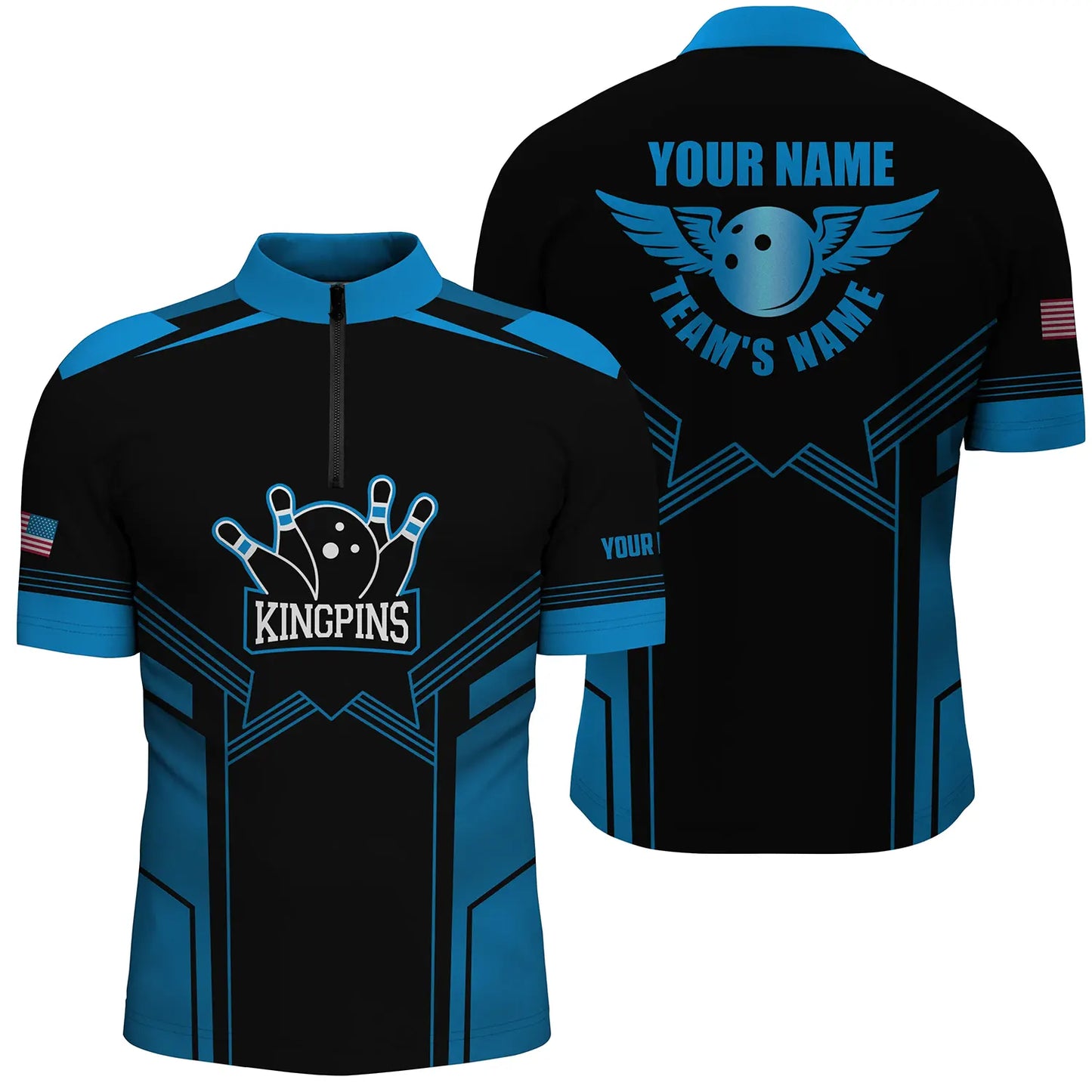 Blau-schwarze Bowlinghemden mit Viertelreißverschluss für Männer, personalisierter Name und Teamname, Bowling-Teamhemden NQS4770