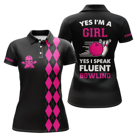 Pinkfarbenes Argyle-Karomuster, personalisierte Bowling-Poloshirts für Damen: "Ja, ich bin ein Mädchen, ja, ich spreche fließend Bowling" NQS5011