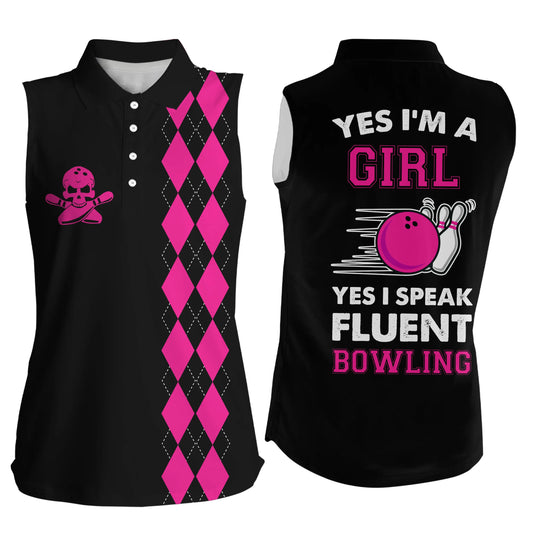 Pinkfarbenes Argyle-Karomuster, ärmellose Bowling-Polohemden für Damen:, Yes I'm a girl yes I speak fluent NQS5011
