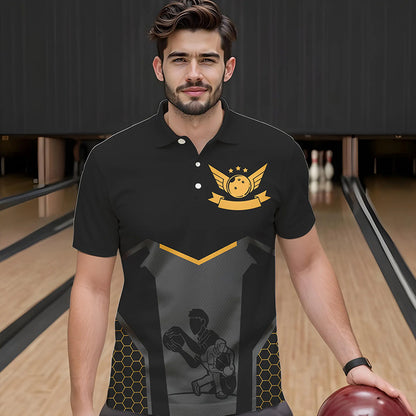 Schwarze Bowling-Trikots für Herren – Retro-Bowling-Poloshirts für Team-Bowler | Gelb NQS6673.1