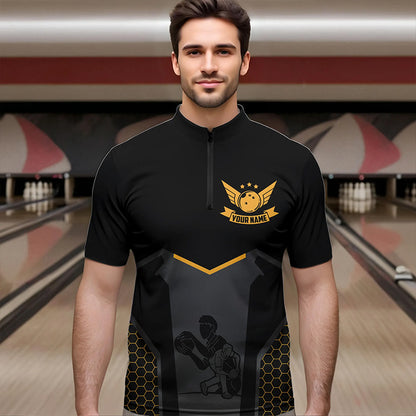 Schwarze Bowling-Trikots für Herren – Individuelle Retro-Bowling-Quarter-Zip-Shirts Team-Bowler Kurzarm | Gelb NQS6673