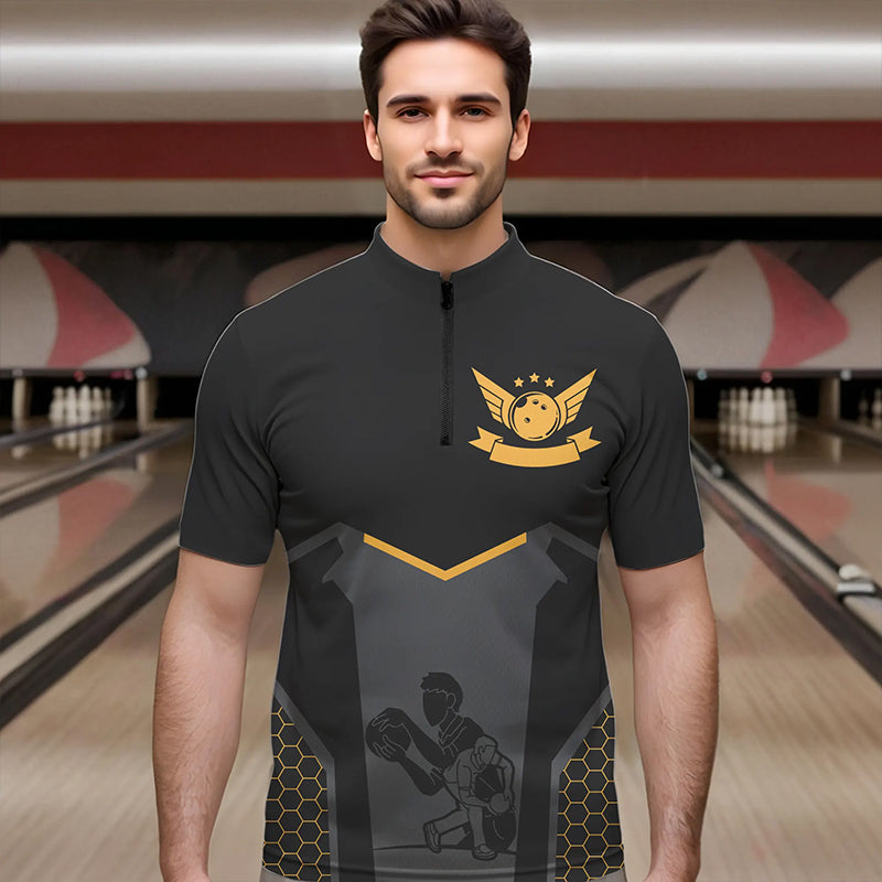 Schwarze Bowling-Trikots für Herren – Retro-Bowling-Quarter-Zip-Shirts Team-Bowler Kurzarm | Gelb NQS6673.1