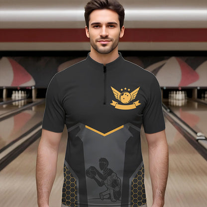 Schwarze Bowling-Trikots für Herren – Retro-Bowling-Quarter-Zip-Shirts Team-Bowler Kurzarm | Gelb NQS6673.1