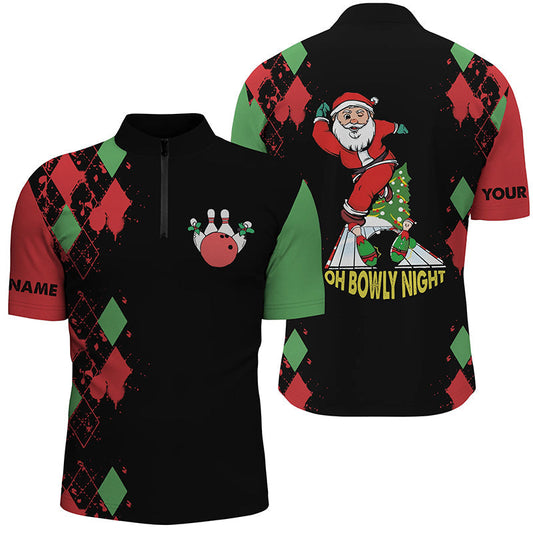 Herren-Bowlinghemd mit Viertelreißverschluss, personalisierter Name, lustige Weihnachts-Bowlinghemden mit Santa: "Oh Bowly Night" NQS4411