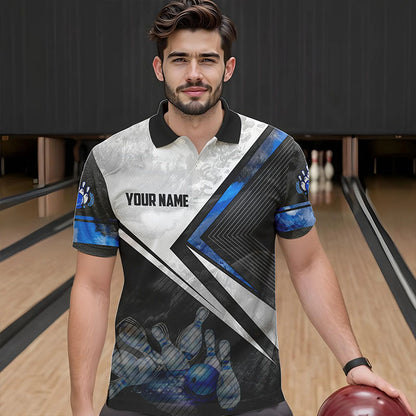 Schwarz-weiße Bowling-Poloshirts für Herren – Individuelle Bowlingkugel & Pins, Team-Bowler-Trikots | Blau NQS6447