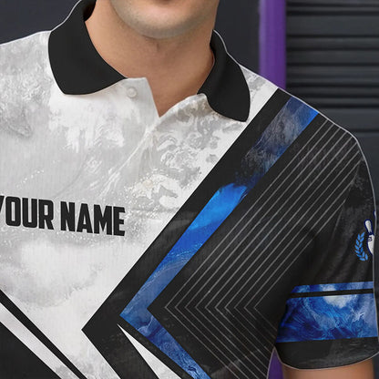 Schwarz-weiße Bowling-Poloshirts für Herren – Individuelle Bowlingkugel & Pins, Team-Bowler-Trikots | Blau NQS6447