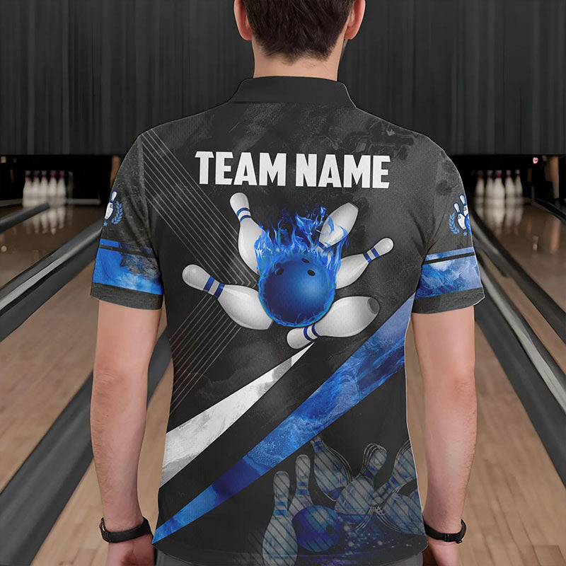 Schwarz-weiße Bowling-Poloshirts für Herren – Individuelle Bowlingkugel & Pins, Team-Bowler-Trikots | Blau NQS6447