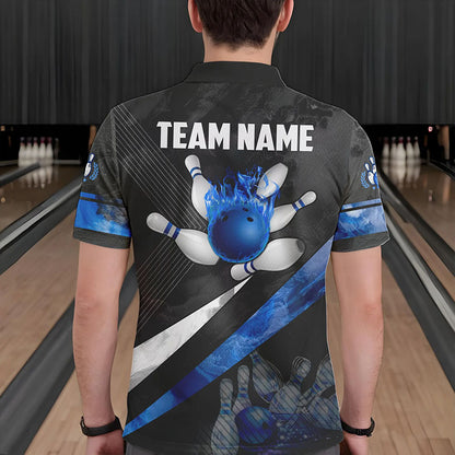 Schwarz-weiße Bowling-Poloshirts für Herren – Individuelle Bowlingkugel & Pins, Team-Bowler-Trikots | Blau NQS6447