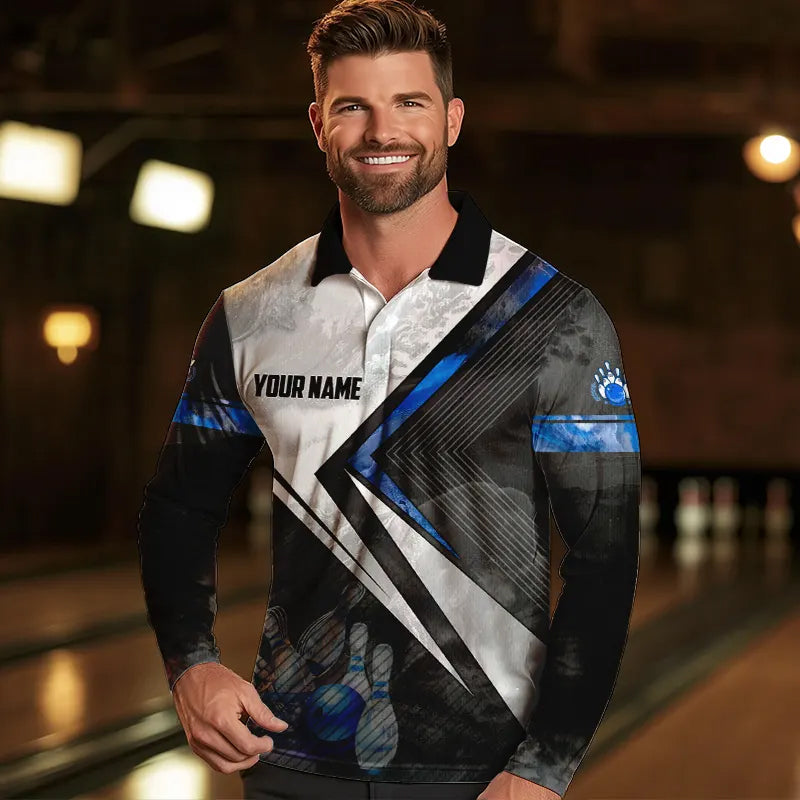 Schwarz-weiße Bowling-Poloshirts für Herren – Individuelle Bowlingkugel & Pins, Team-Bowler-Trikots | Blau NQS6447