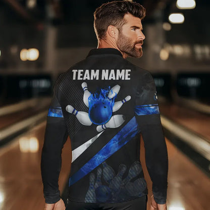 Schwarz-weiße Bowling-Poloshirts für Herren – Individuelle Bowlingkugel & Pins, Team-Bowler-Trikots | Blau NQS6447