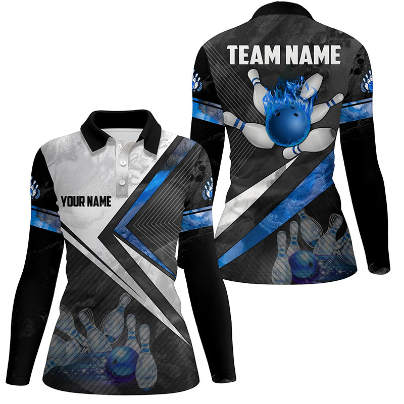 Schwarz-weiße Bowling-Poloshirts für Damen – Individuelle Bowlingkugel & Pins, Team-Bowler-Trikots | Blau NQS6447