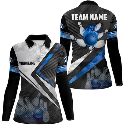 Schwarz-weiße Bowling-Poloshirts für Damen – Individuelle Bowlingkugel & Pins, Team-Bowler-Trikots | Blau NQS6447