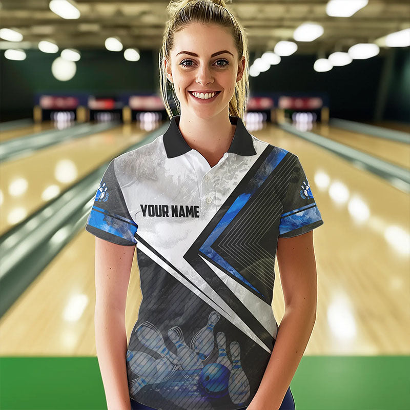 Schwarz-weiße Bowling-Poloshirts für Damen – Individuelle Bowlingkugel & Pins, Team-Bowler-Trikots | Blau NQS6447
