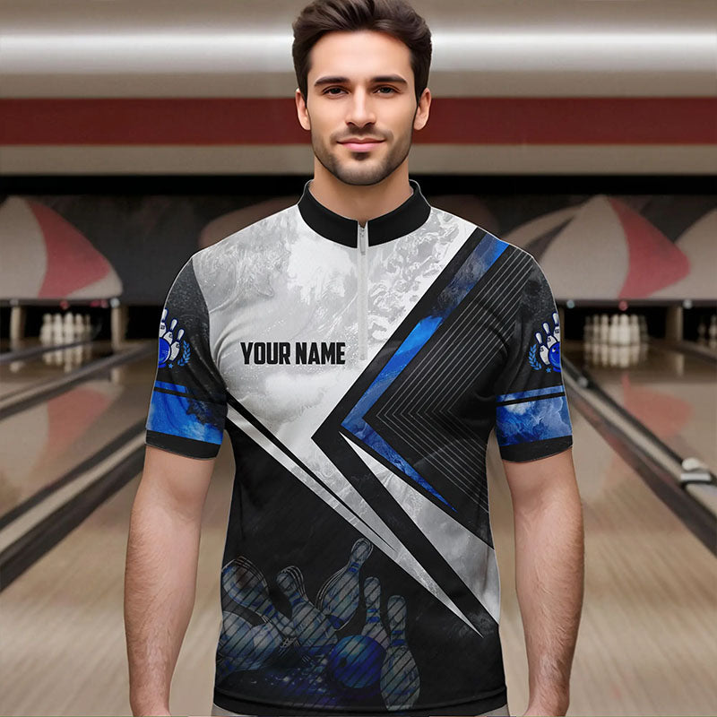 Schwarz-weiße Bowling-Quarter-Zip-Shirts für Herren – Individuelle Bowlingkugel & Pins, Team-Bowler-Trikots | Blau NQS6447