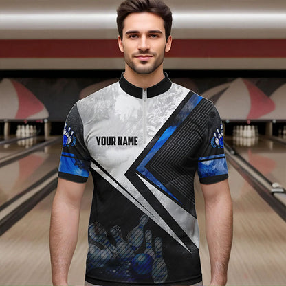 Schwarz-weiße Bowling-Quarter-Zip-Shirts für Herren – Individuelle Bowlingkugel & Pins, Team-Bowler-Trikots | Blau NQS6447