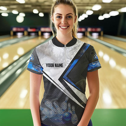 Schwarz-weiße Bowling-Quarter-Zip-Shirts für Damen – Individuelle Bowlingkugel & Pins, Bowler-Trikots | Blau NQS6447