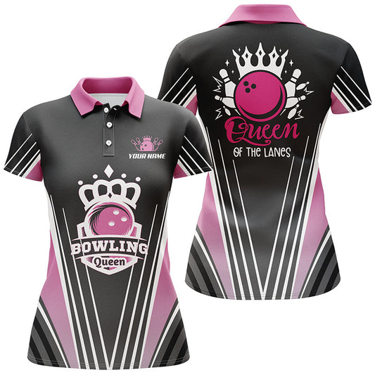 Personalisierte Kurzarm-Polo-Bowlinghemden für Damen, Pinkfarbene "Bowling-Queen" mit der Aufschrift: "Königin der Bahnen" NQS4607