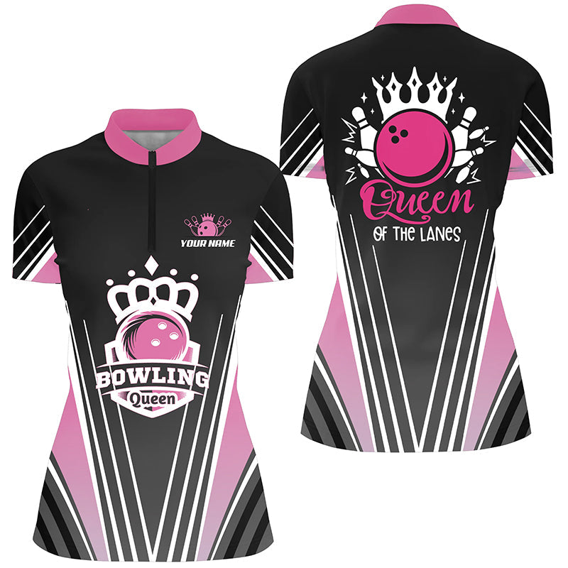Personalisierte Bowlinghemden mit Viertelreißverschluss für Damen, Pinkfarbene "Bowling-Queen" mit der Aufschrift: "Königin der Bahnen" NQS4607