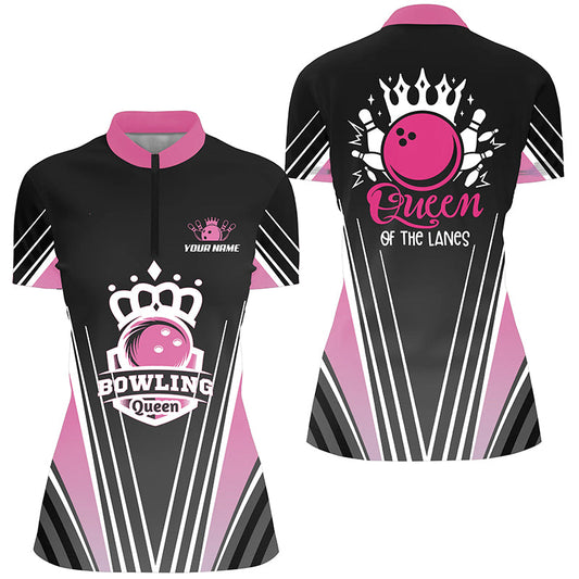 Personalisierte Bowlinghemden mit Viertelreißverschluss für Damen, Pinkfarbene "Bowling-Queen" mit der Aufschrift: "Königin der Bahnen" NQS4607