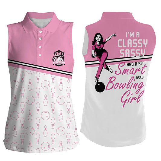 Individuelles ärmelloses Pink-Poloshirt für Damen – I'm a classy sassy and a bit smart assy bowling girl“ NQS5562