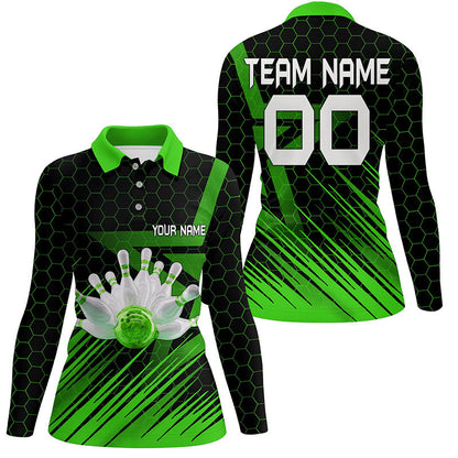 Grünes Bowling-Poloshirt für Damen – Individuelles 3D-Bowling-Team-Trikot NQS6225