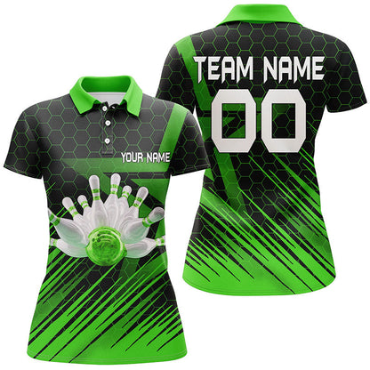Grünes Bowling-Poloshirt für Damen – Individuelles 3D-Bowling-Team-Trikot NQS6225