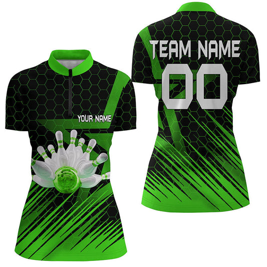 Grünes Bowling-Quarter-Zip-Shirt für Damen – Individuelles 3D-Bowling-Team-Trikot NQS6225