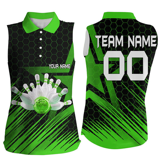 Grünes ärmelloses Bowling-Poloshirt für Damen – Individuelles 3D-Bowling-Team-Trikot NQS6225