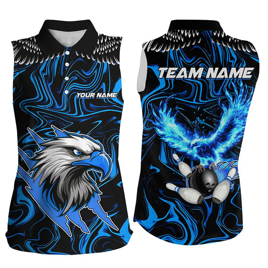 Schwarz und blaues Tarnmuster Flammenadler Bowling ärmelloses Poloshirt für Damen, maßgeschneiderte Bowling-Team-Trikots NQS8559