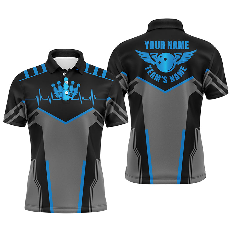 Bowlinghemden für Männer, personalisierter Name und Teamname, blaue Bowlingkugel und Pins, Team-Bowlinghemden NQS4434