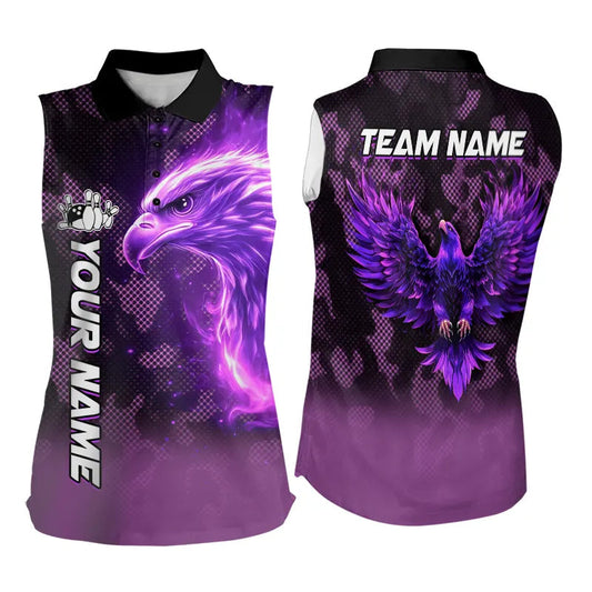 Lila Flammenadler Tarnung Bowling-Team-Shirts für Frauen – Individuelles ärmelloses Feuer-Bowling-Polotrikot NQS9441