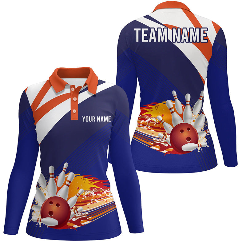 Blau-orange Damen-Bowling-Poloshirt – Individueller Name, Damen-Bowler-Trikot, Team-Bowling-Geschenke NQS5830