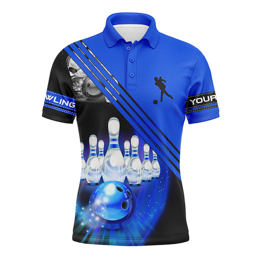 Personalisierte Bowlinghemden für Männer, Bowlingkugel und Pins Teamhemd, maßgeschneiderte Bowling-Trikots | Blau NQS4452