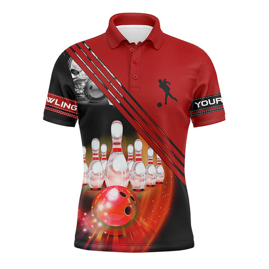 Personalisierte Bowlinghemden für Männer, Bowlingkugel und Pins Teamhemd, maßgeschneiderte Bowling-Trikots | Rot NQS4452
