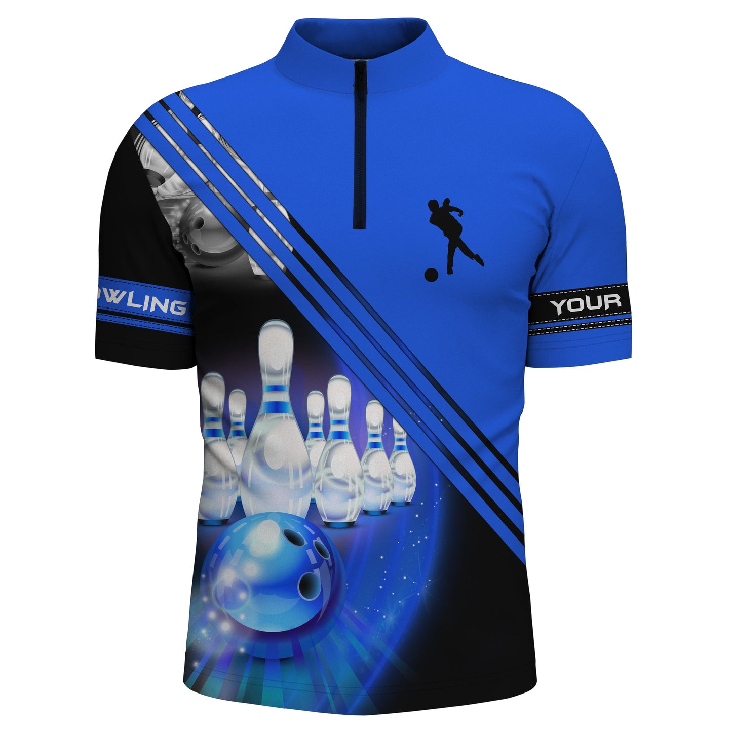 Bowling-Hemden mit Viertelreißverschluss für Männer, personalisierte Bowlingkugel und Pins, Team-Bowlingtrikots | Blau NQS4452